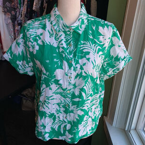 Women's C&C California 100 % Linen Button-Up Shirt Size M Green Floral